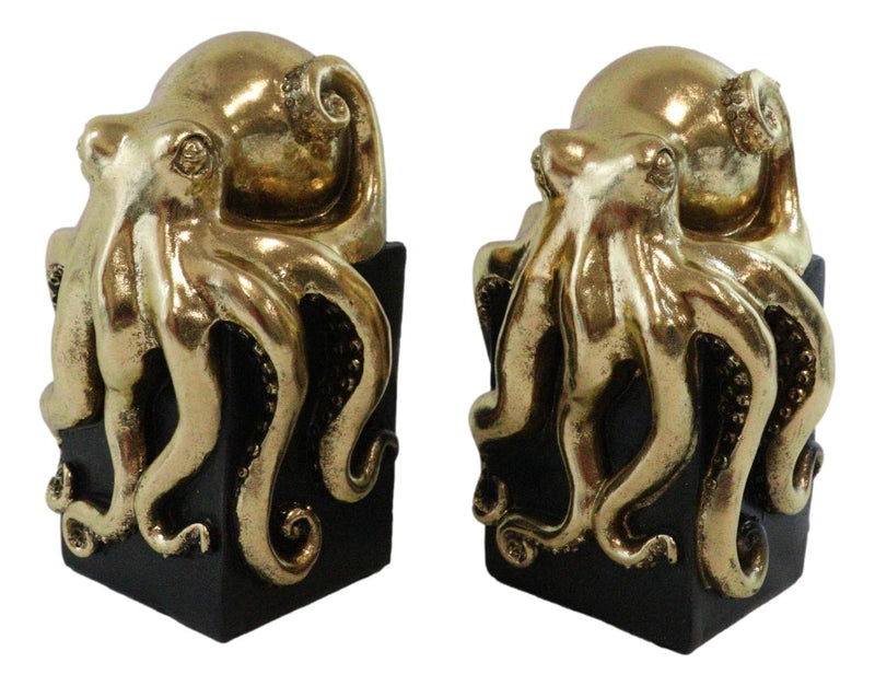 Ebros Contemporary Gold Color Octopus Bookends Statue Set With Black Base