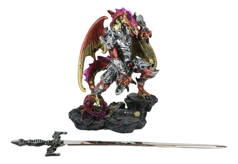 Fantasy Golden Red Armored Dragon With Excalibur Sword Letter Opener Figurine