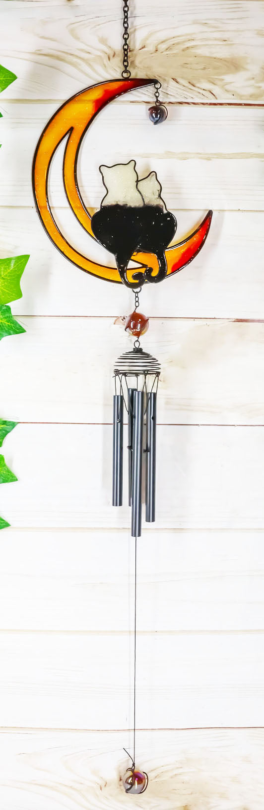 Cat Lovers On Moon Glass Gem Resonant Black Coated Copper Wind Chime Garden