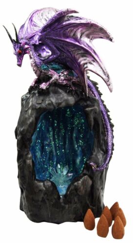 Purple Azure Quartz Dragon On Gemstone Mountain Backflow Incense Burner Figurine