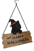 Black Cat With Witch Hat And Happy Halloween Sign Wall Ceiling Hanger Figurine