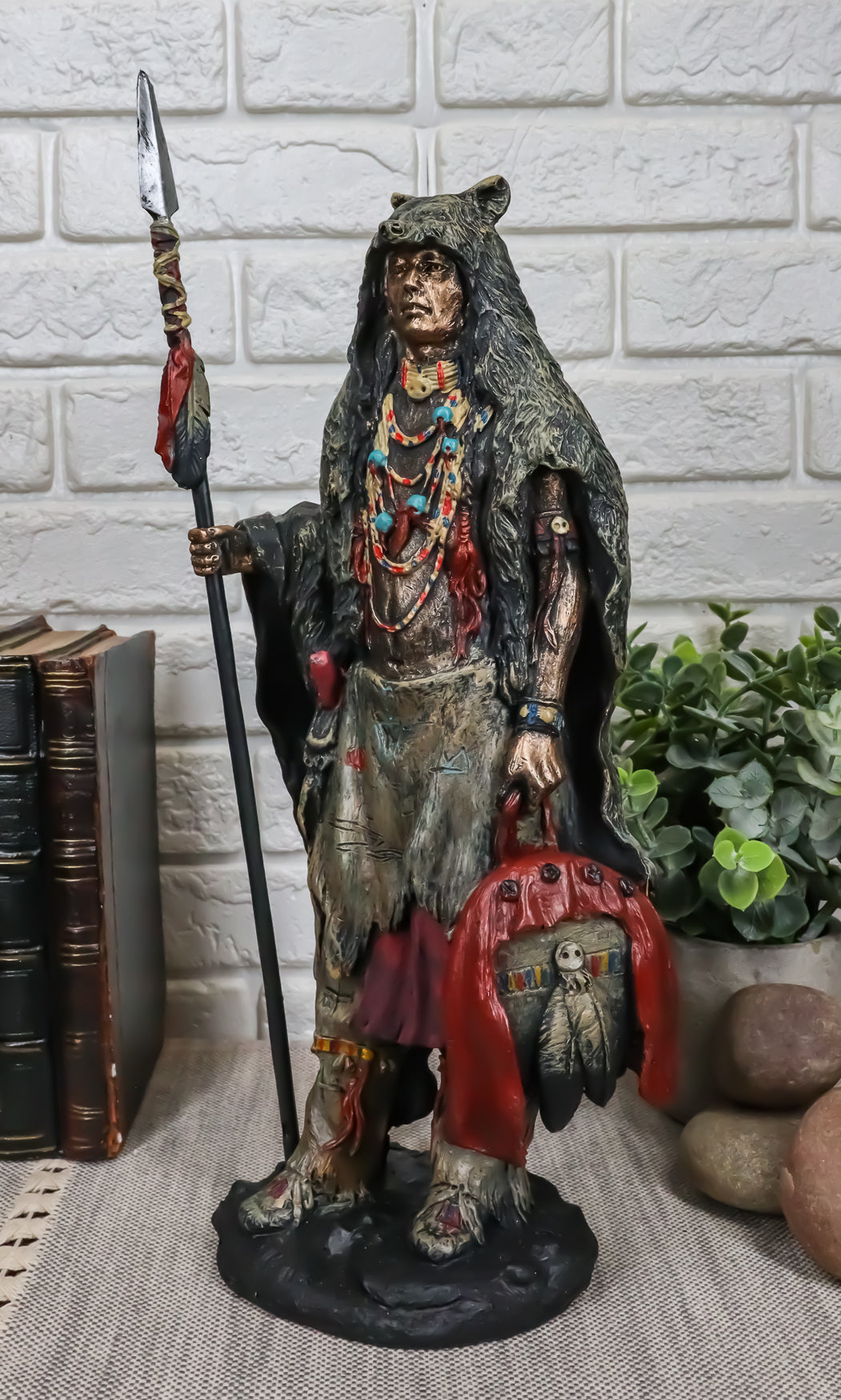 Brave Tribal Indian Native Warrior Hunter With Bear Headdress Winter Coat Statue