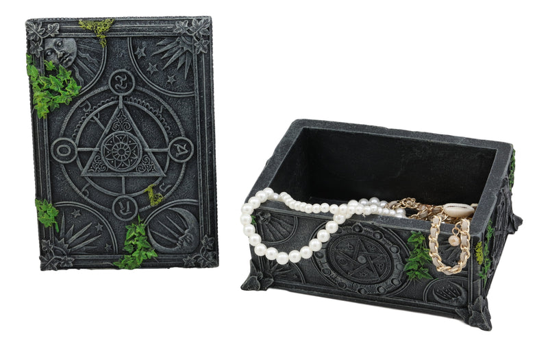 Ebros Celestial Lunar Moon Astrology Pentagram Tarot Card Deck Holder Jewelry Box Figurine with Alchemy Symbols and Ivy Lichen Borders Home Decor Statue Wicca Witchcraft Talisman