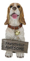 Tan And White English Cocker Spaniel Dog With Welcome Jingle Collar Sign Statue