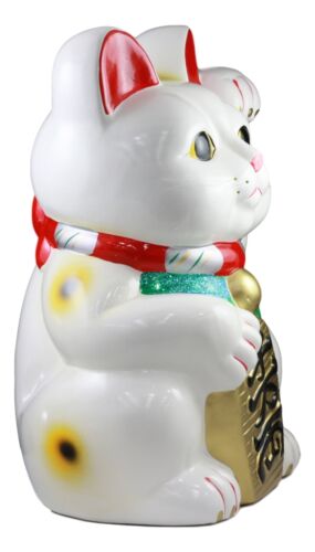 Japanese Lucky Charm White Beckoning Cat Maneki Neko Money Bank