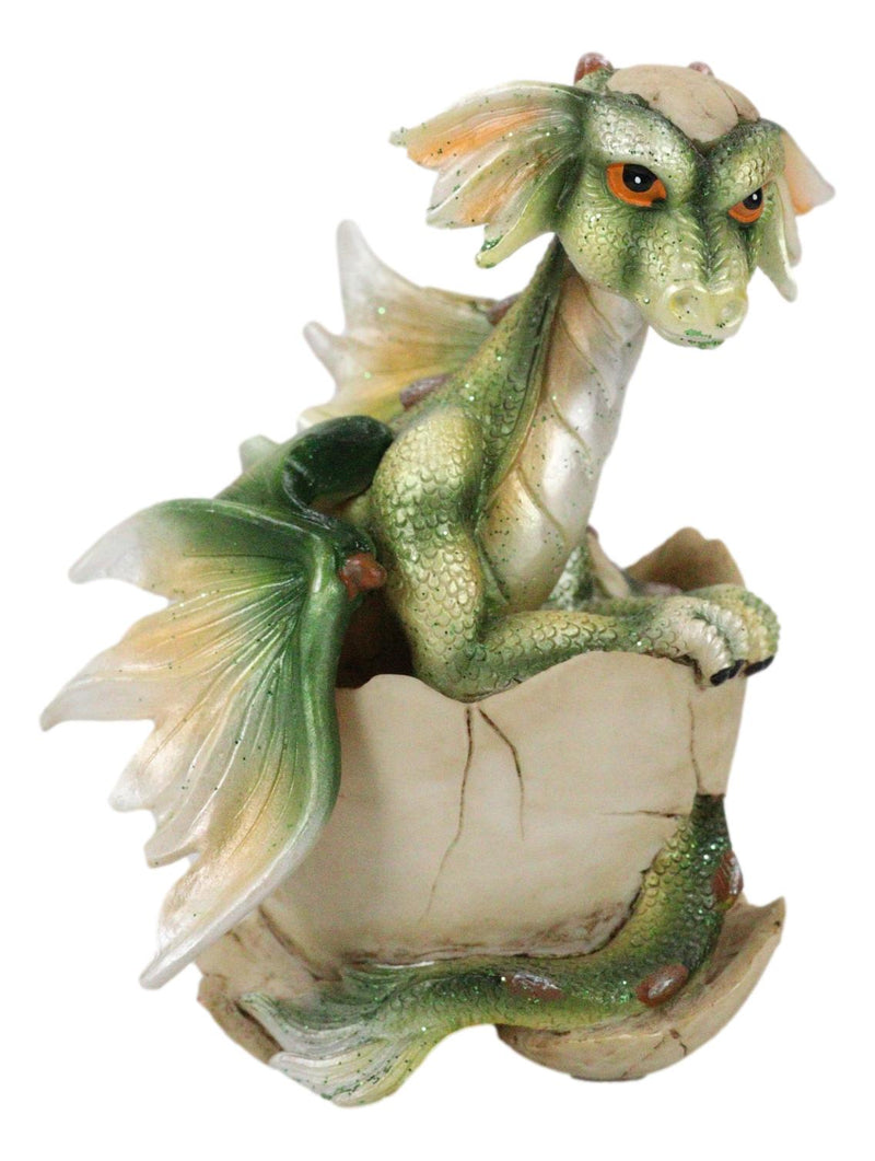 Fantasy Sulky Green Baby Dragon Hatchling Emerging From Egg Mini Figurine