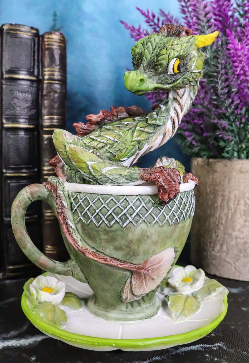 Fantasy English Green Tea Leaves And Flowers Dragon In Teacup & Saucer Figurine