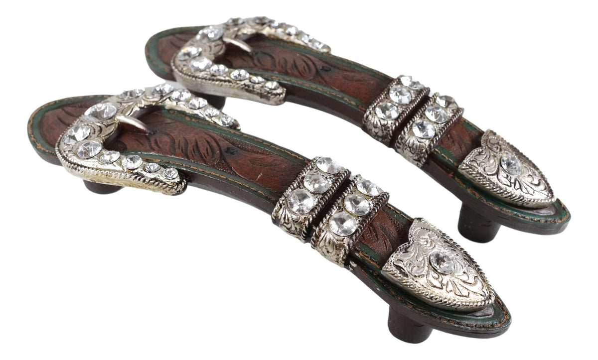 Set Of 2 Western Faux Tooled Leather Bling Belt Buckle Drawer Cabinet Bar Pulls