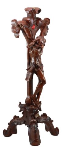 Faux Mahogany Wood Finish Large Jesus Christ Crucifix With Stand Statue 23"Tall