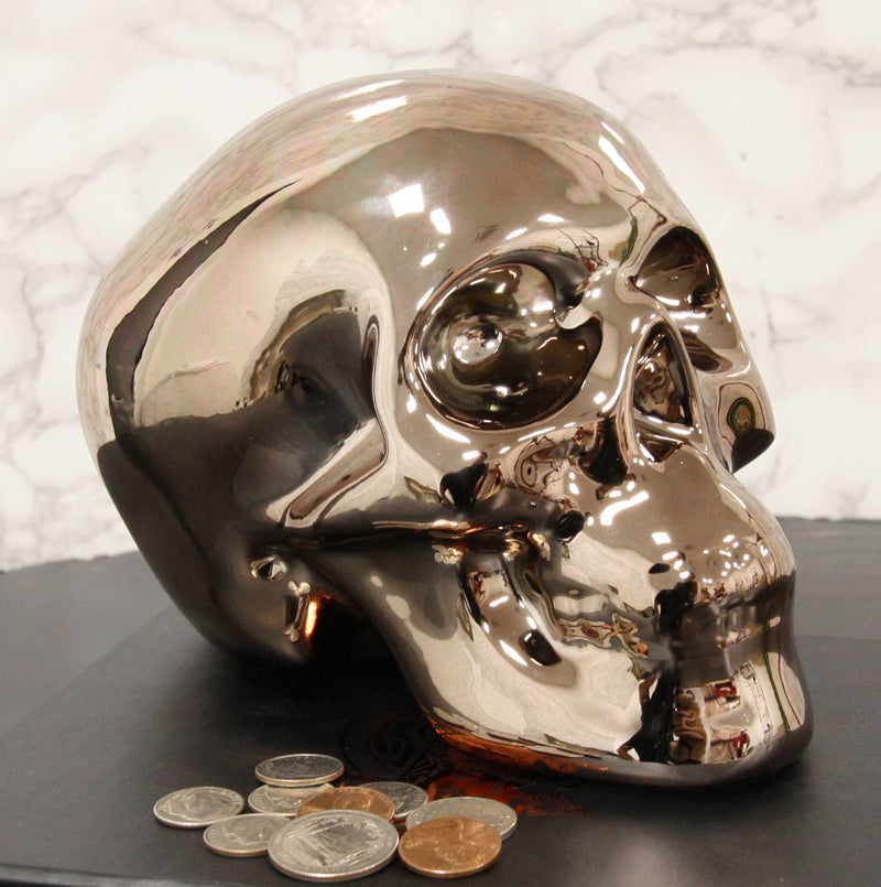Electroplated Shiny Bronze Cranium Skull Head Money Bank Resin Figurine 7.5"L