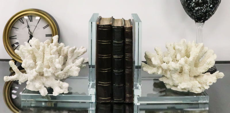 Nautical Coastal Marine White Sea Finger Corals Acrylic Glass Bookends Set