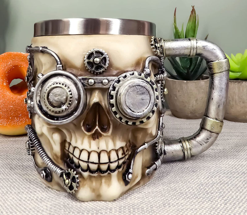 Ebros Metallo Super Cyborg Steampunk Pipes And Gears Skull Face Coffee Tea Mug Stein