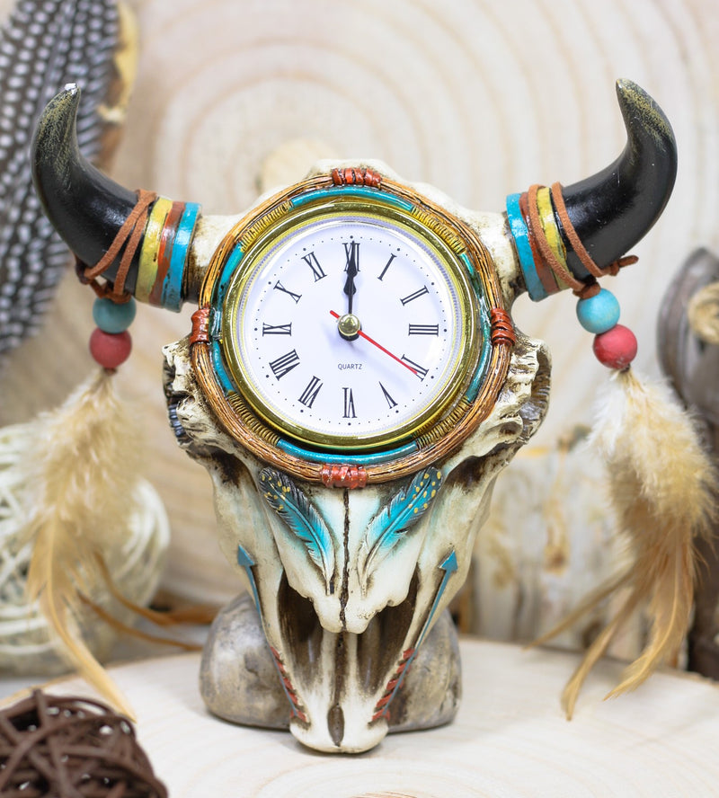 Southwestern Indian Dreamcatcher Feathers Steer Cow Skull Desktop Table Clock