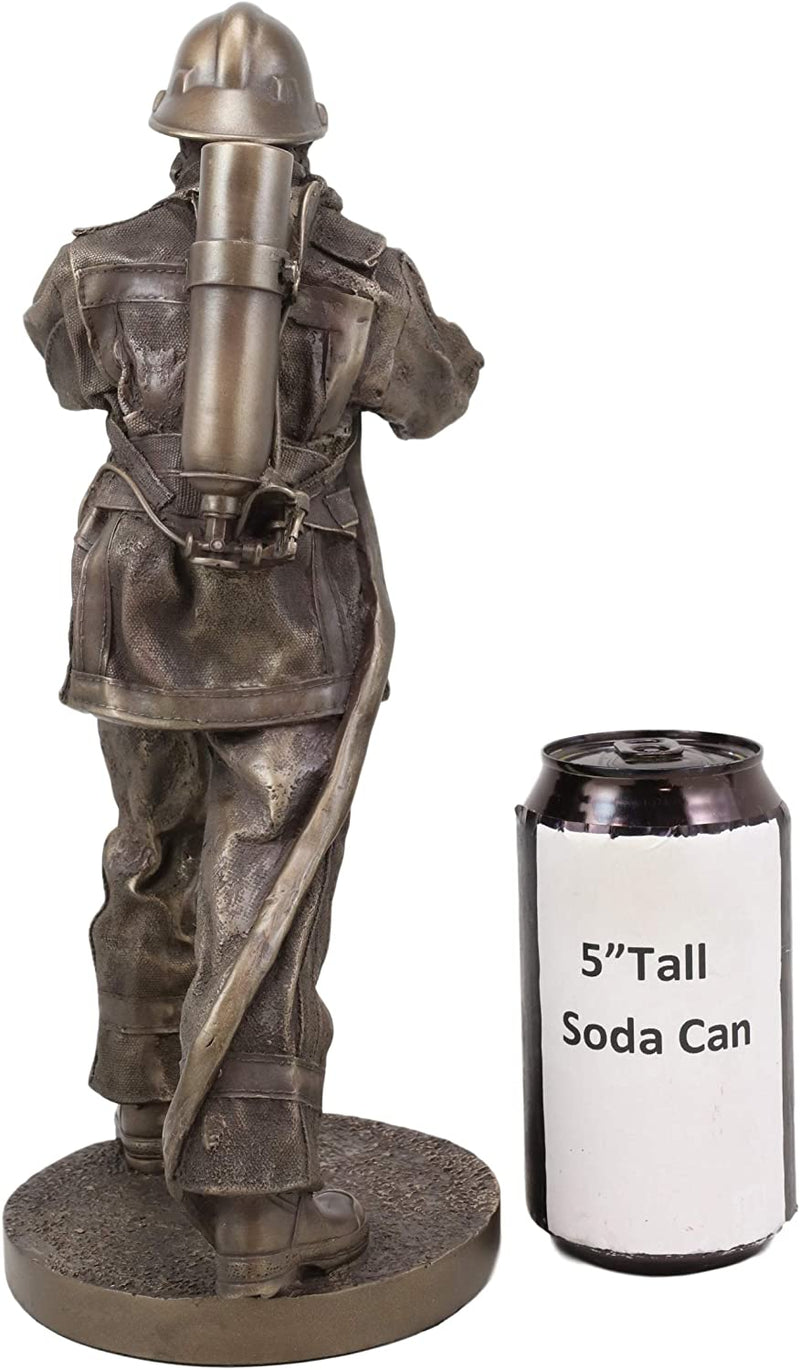 Heroic Fireman Fire Fighter In Full Turnout Gear Attire Carrying Hose Statue