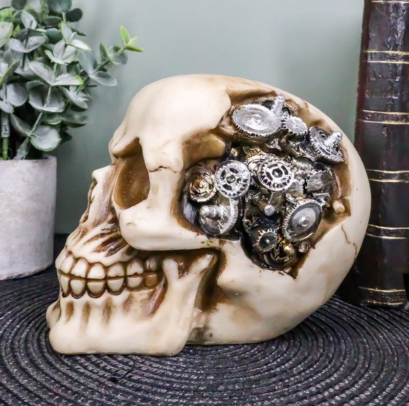 Ebros Steampunk Cyborg Protruding Gearwork Human Skull Statue Sci Fi Clockwork Gear Design Skeleton Cranium Figurine