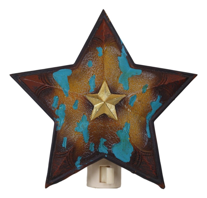 Rustic Cowboy Western Star Turquoise Cowskin Print Wall Plug In LED Night Light
