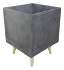Set of 2 Contemporary Gray Fiber Clay Square Cube Planters Pots With Wooden Feet
