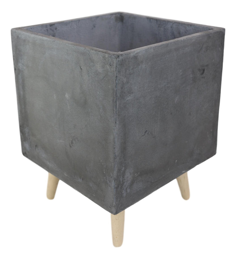 Set of 2 Contemporary Gray Fiber Clay Square Cube Planters Pots With Wooden Feet
