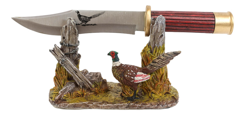 Rustic Pheasant Rooster Bird Display With Decorative Shotgun Shell Knife Set