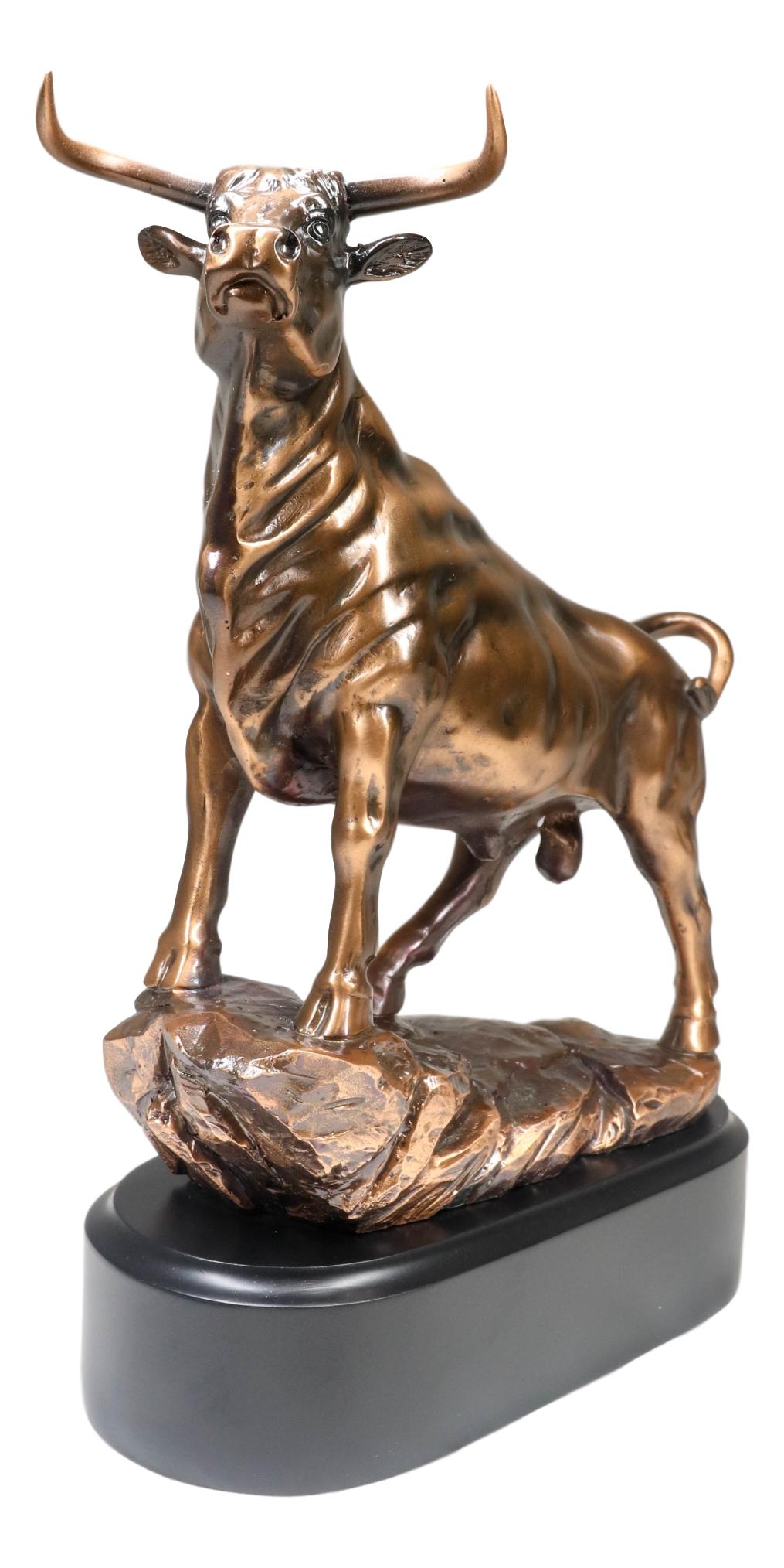 Western Wild Cattle Bull On Pride Rock Electroplated Resin Statue With Base - Ebros Gift