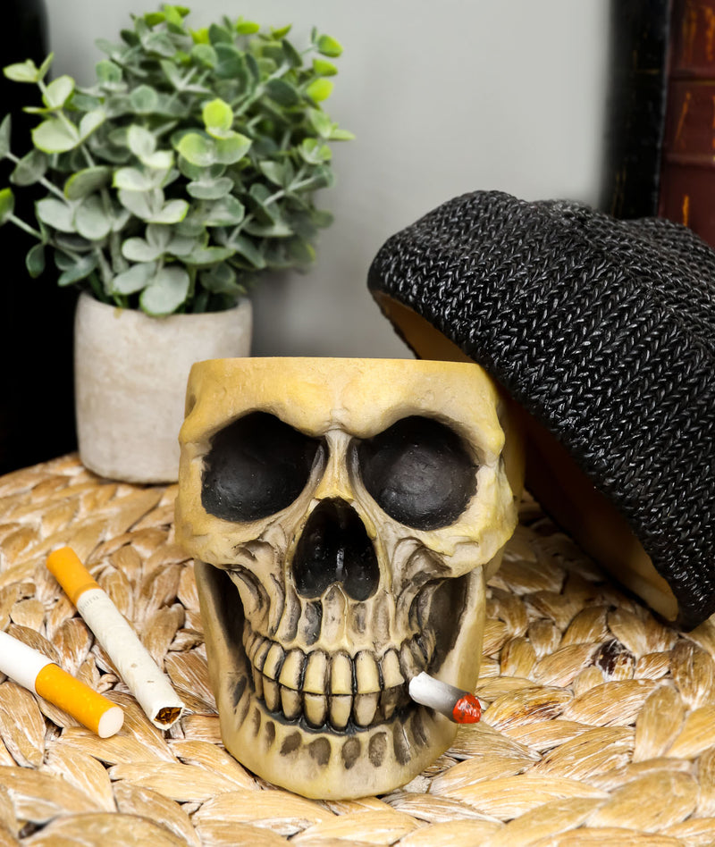 Ebros Smoking Human Skull with Leaf Beanie Hat Ashtray Jewelry Box 6.5" Long