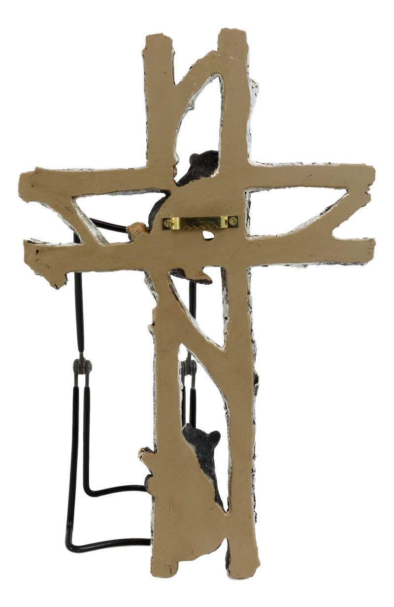 Rustic Western Black Bear Cubs Climbing On Birch Tree Wall Cross Decor Plaque