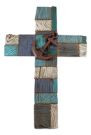 Ebros Nautical Coastal Marine Ship Anchor Faux Distressed Wood Blue Wall Cross Plaque