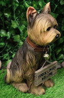 Ebros Yorkie Dog Garden Statue 12.5"H Yorkshire Terrier Figurine With Jingle Collar and Sign Patio Welcome Decor Guest Greeter Realistic Animal Dogs Sculpture