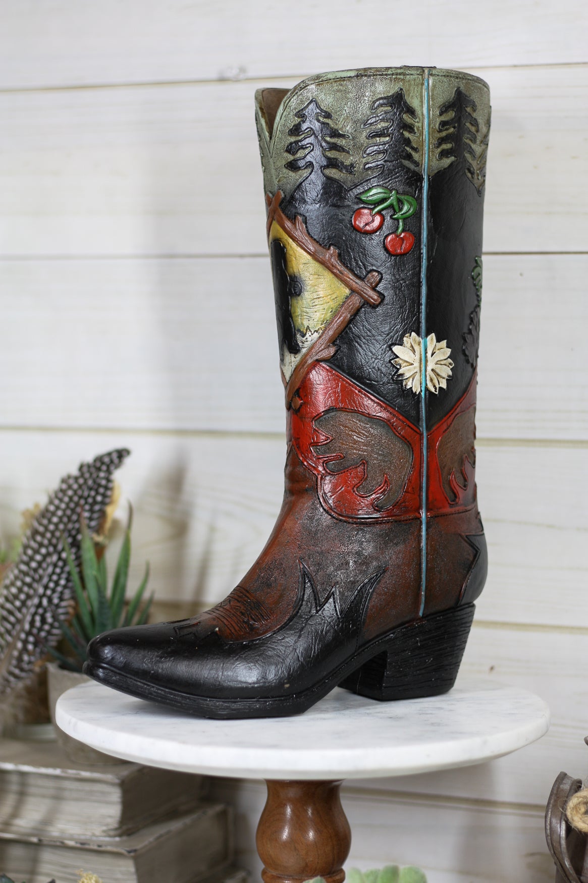 Rustic Country Black Bear Pine Trees Cherries Cowboy Boot Vase Planter Figurine