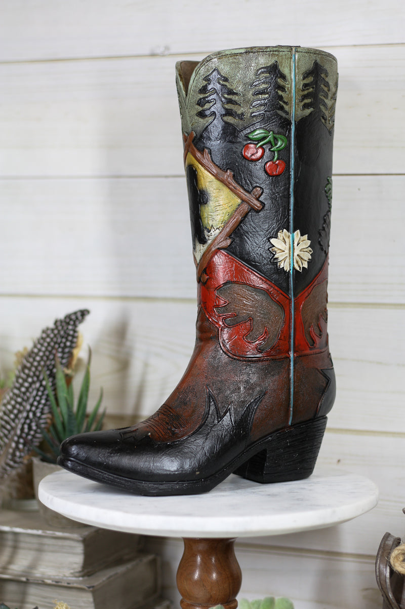 Rustic Country Black Bear Pine Trees Cherries Cowboy Boot Vase Planter Figurine