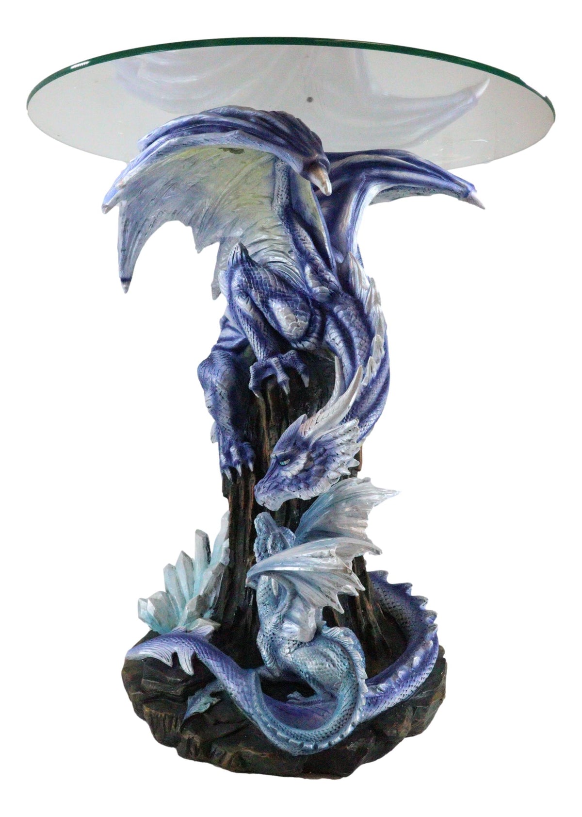 Elemental Frozen Ice Mother Dragon With Hatchling Baby Sculptural Side End Table