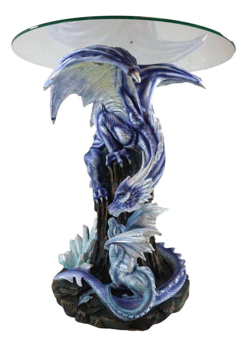 Elemental Frozen Ice Mother Dragon With Hatchling Baby Sculptural Side End Table