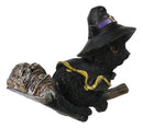 Halloween Black Cat with Witch Hat & Cape Flying On Magical Broomstick Figurine