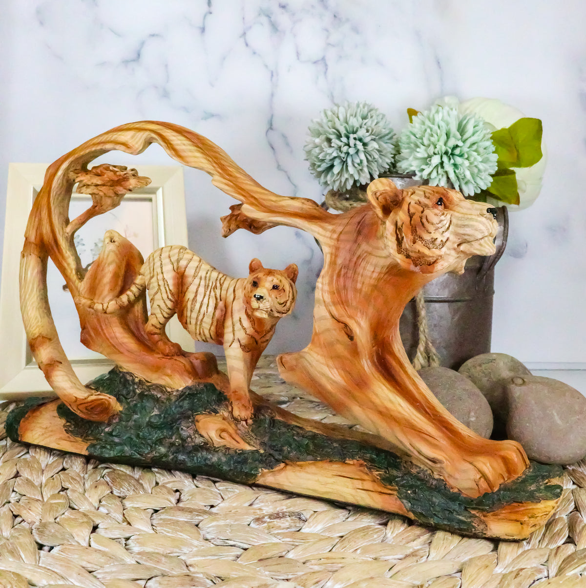 Ebros Crouching Bengal Tiger Statue 12"Long Faux Wood Resin Carving Decor