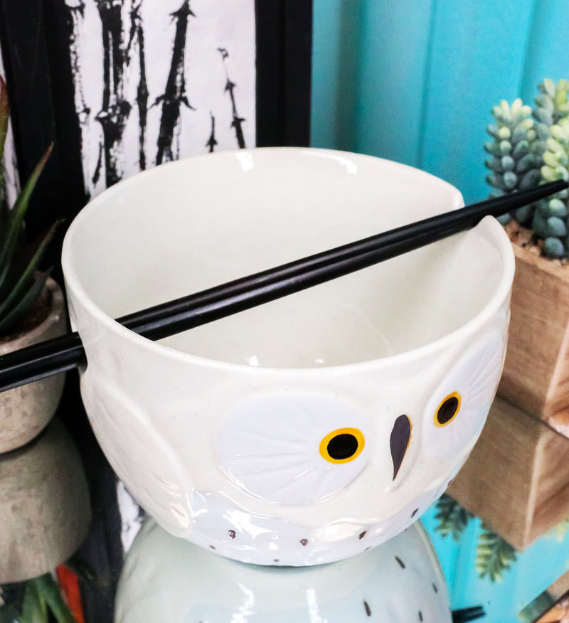 Whimsical Ceramic White Owl Ramen Udong Noodles Soup Bowl With Chopsticks Set