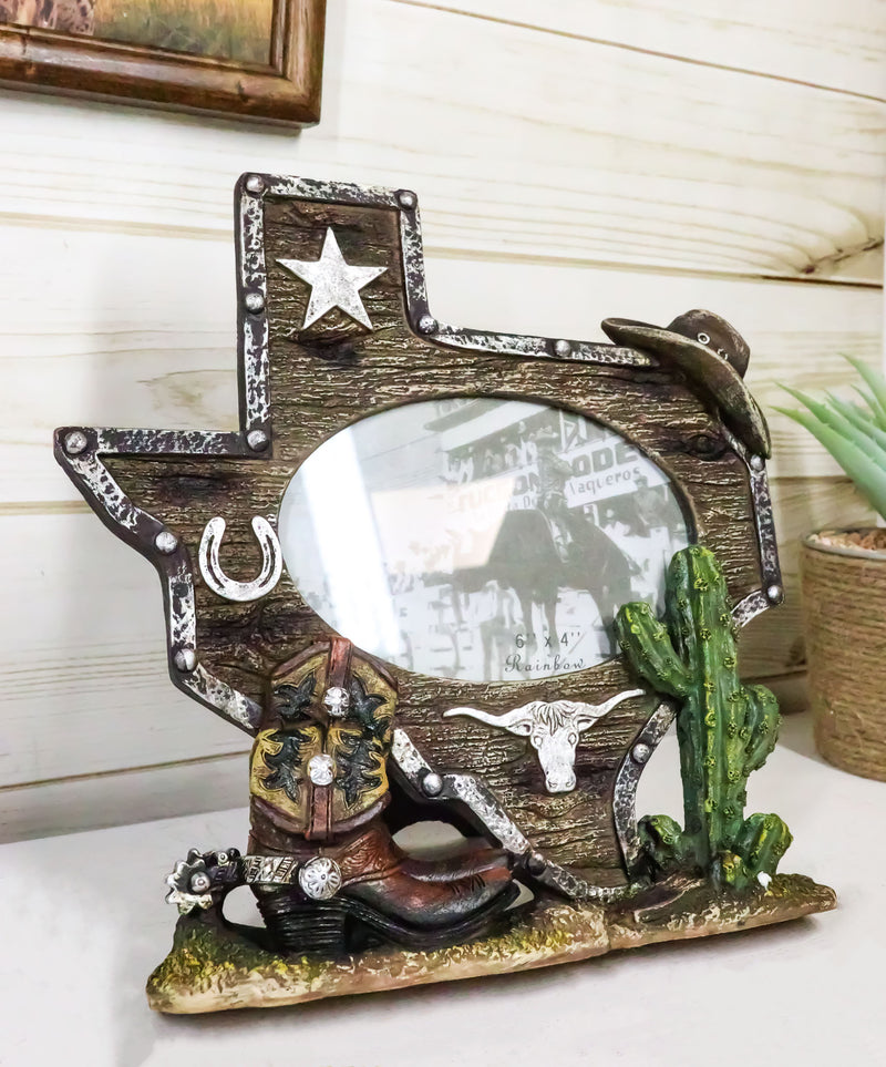 Rustic Western Texas State Map Cowboy Boot Longhorn Cactus Picture Frame 4"X6"