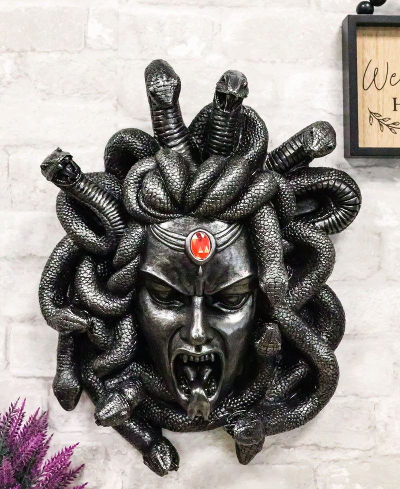 Greek Gorgon Goddess Medusa Head With Hair of Snakes And Red Gem Wall Decor