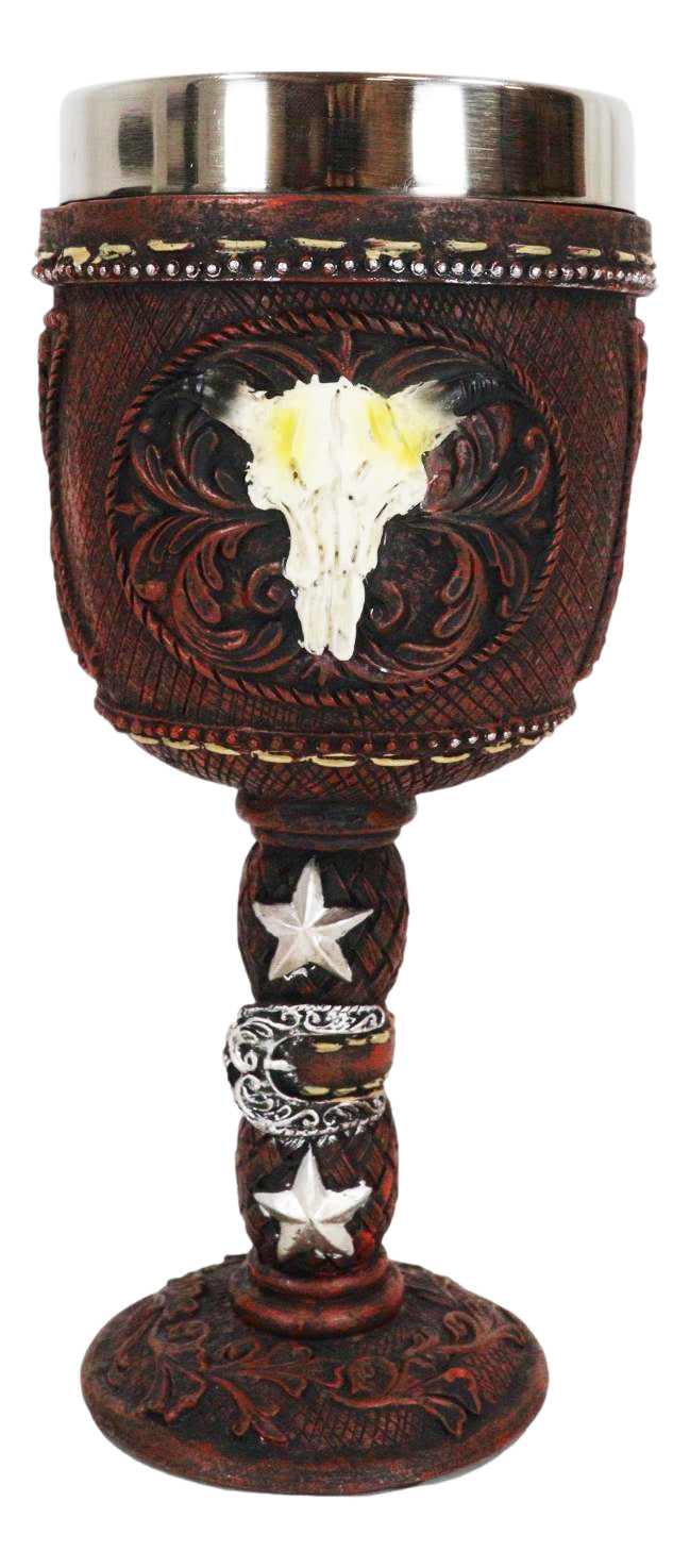 Western Cow Skull Western Stars Floral Scroll Faux Tooled Leather Wine Goblet