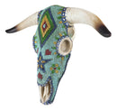 Rustic Southwest Steer Bison Cow Skull With Aztec Beaded Turquoise Wall Decor