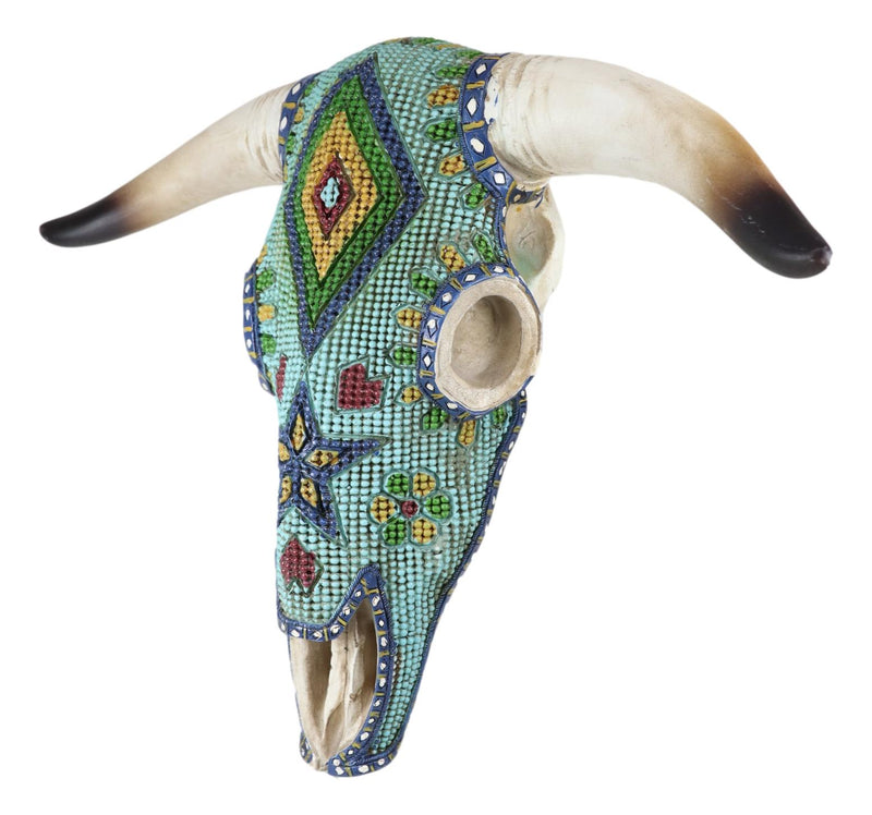 Rustic Southwest Steer Bison Cow Skull With Aztec Beaded Turquoise Wall Decor