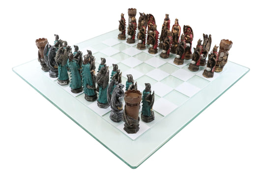 Ebros King Arthur Morgan Merlin Dragons Hand Painted Chess Pieces With Glass Board Set - Ebros Gift