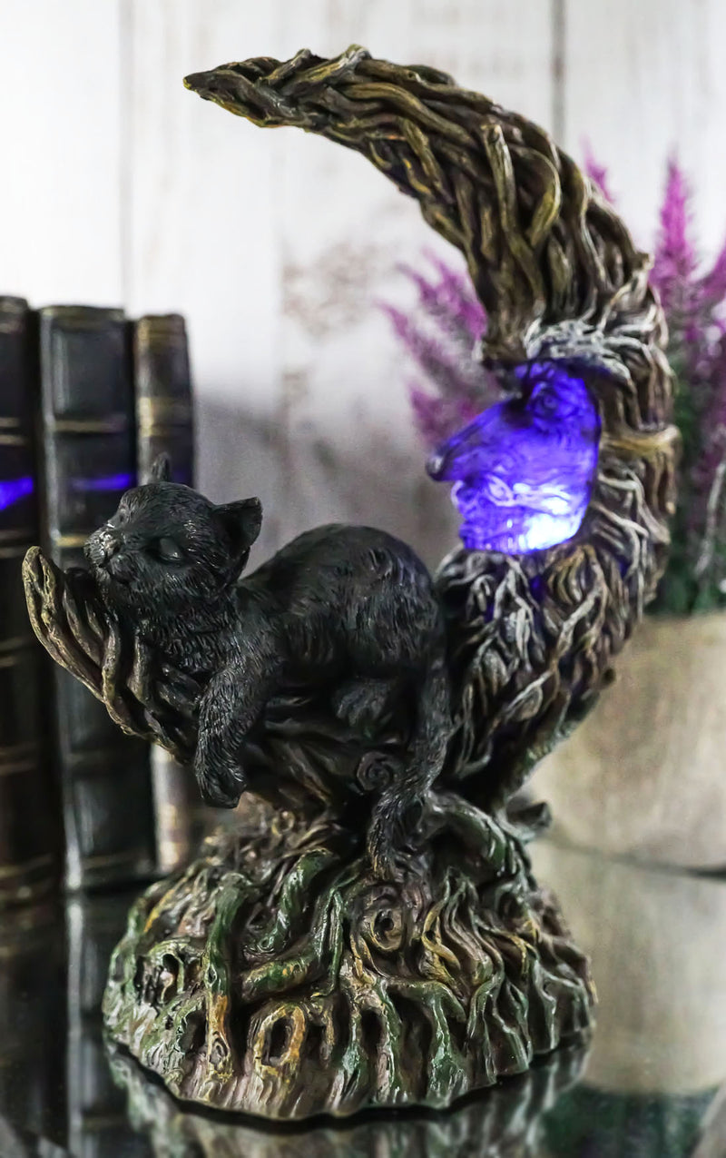 Black Cat Sitting On Crescent Greenman Tree Moon Figurine With LED Night Light