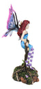 Blue Avatar Butterfly Fairy With Snow Owl Sitting On Magic Forest Tree Figurine