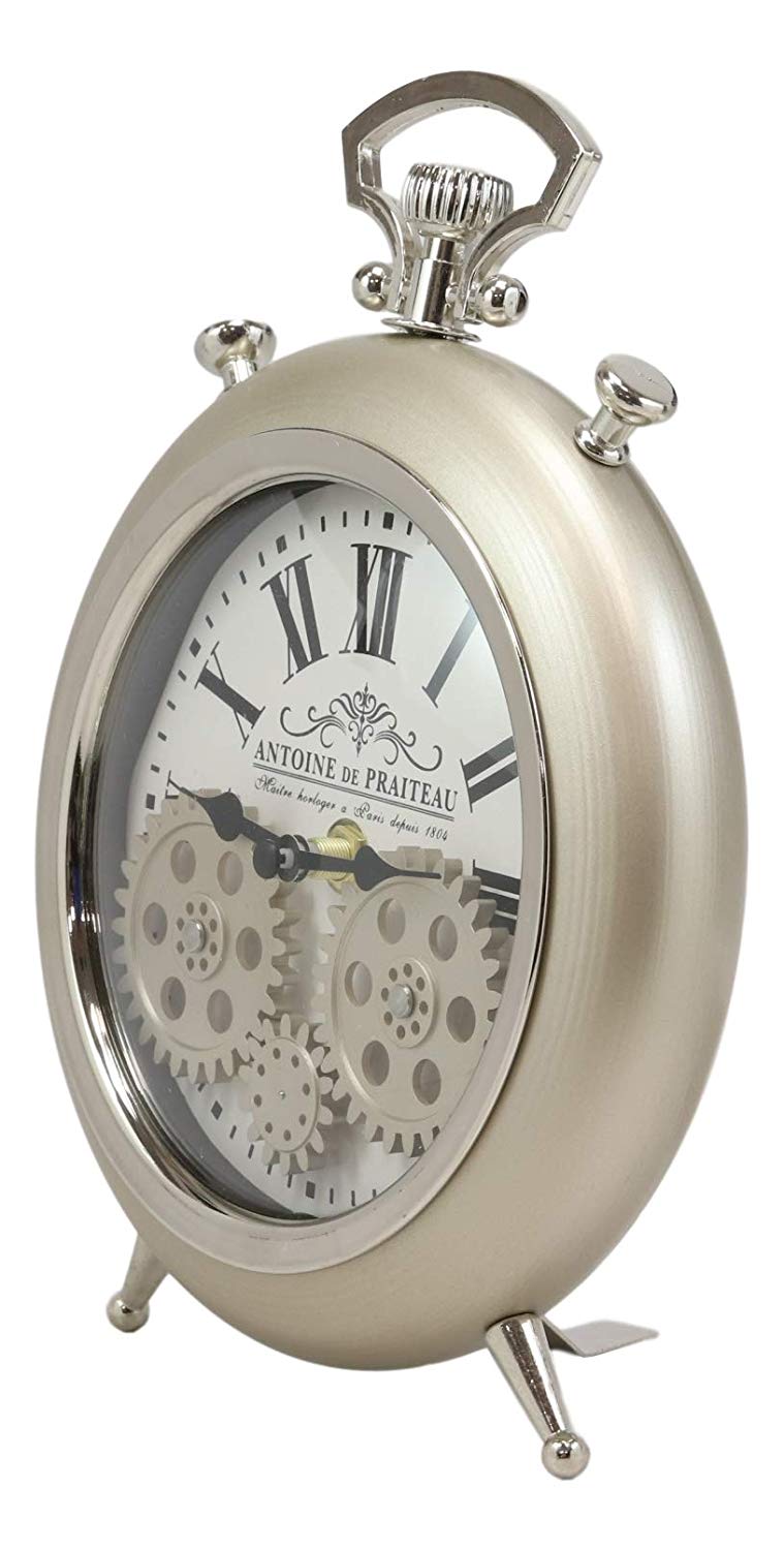 Ebros Antoine De Praiteau Steampunk Mechanical Moving Gears Old Fashioned European Vintage Pocket Watch Style Table Clock Victorian Industrial Accent Clockwork Clocks (Brushed Silver Champagne)