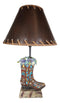 Rustic Western Faux Tooled Leather Floral Succulents Cowboy Boot Table Lamp