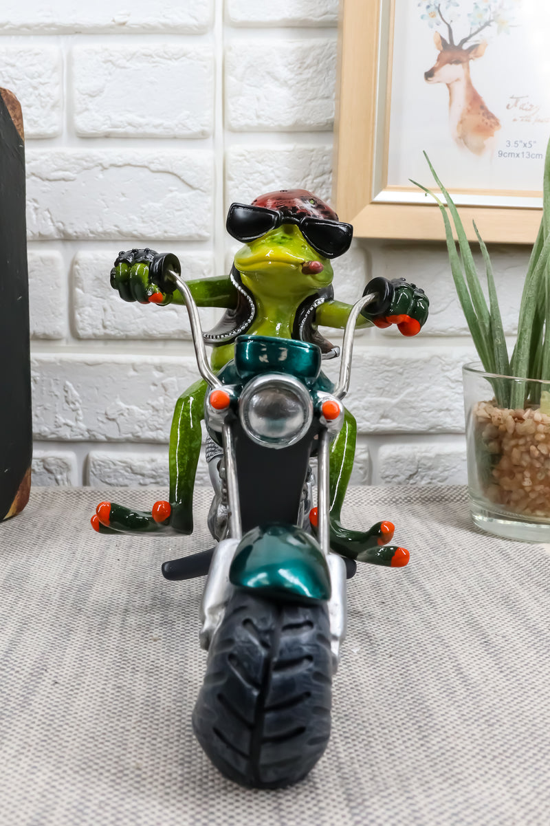 8.5"L Born To Ride Biker Frog Smoking Cigar On Blue Chopper Motorcycle Statue