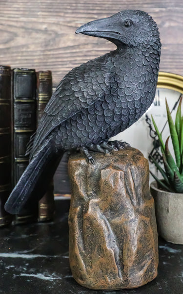 Large Dark Raven on Large Rock Platform Resin Statue Figurine 8