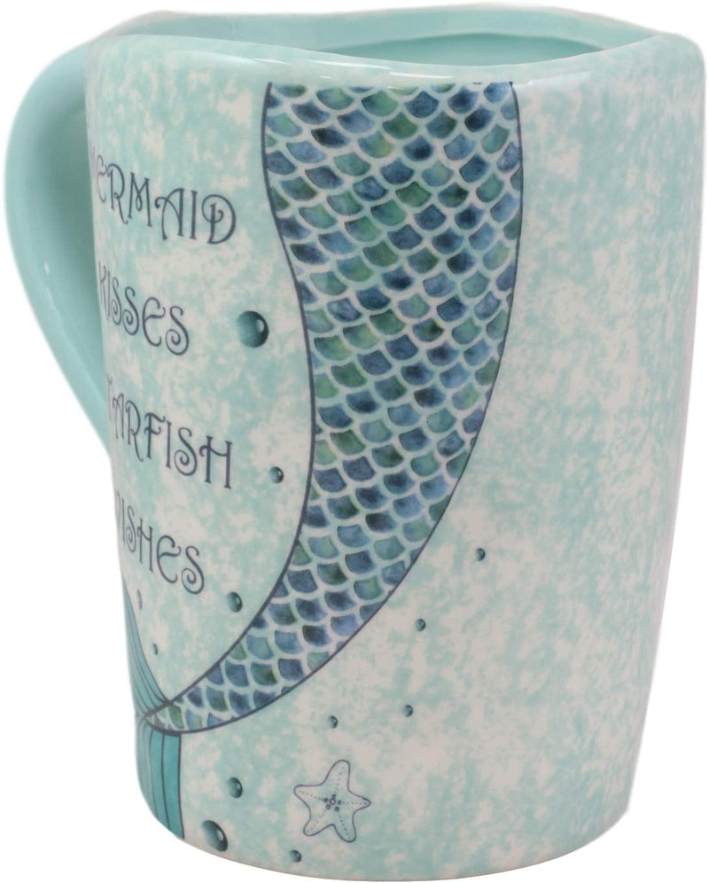 Ebros Nautical Blue Mermaid Kisses Starfish Wishes Ceramic Mug 18oz, Set of 2