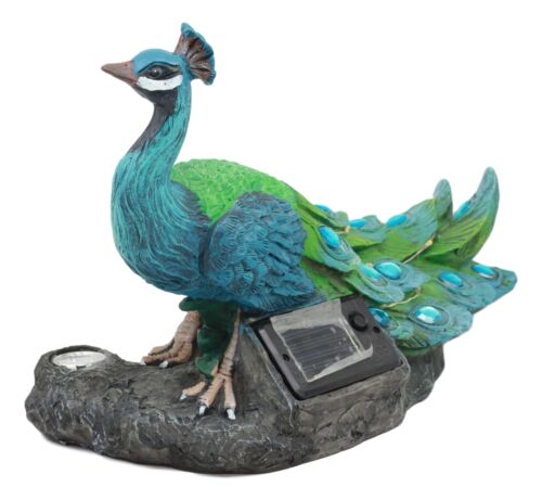 Ebros Decorative Iridescent Peacock With Blue Gemstones Solar LED Light Statue Peafowl