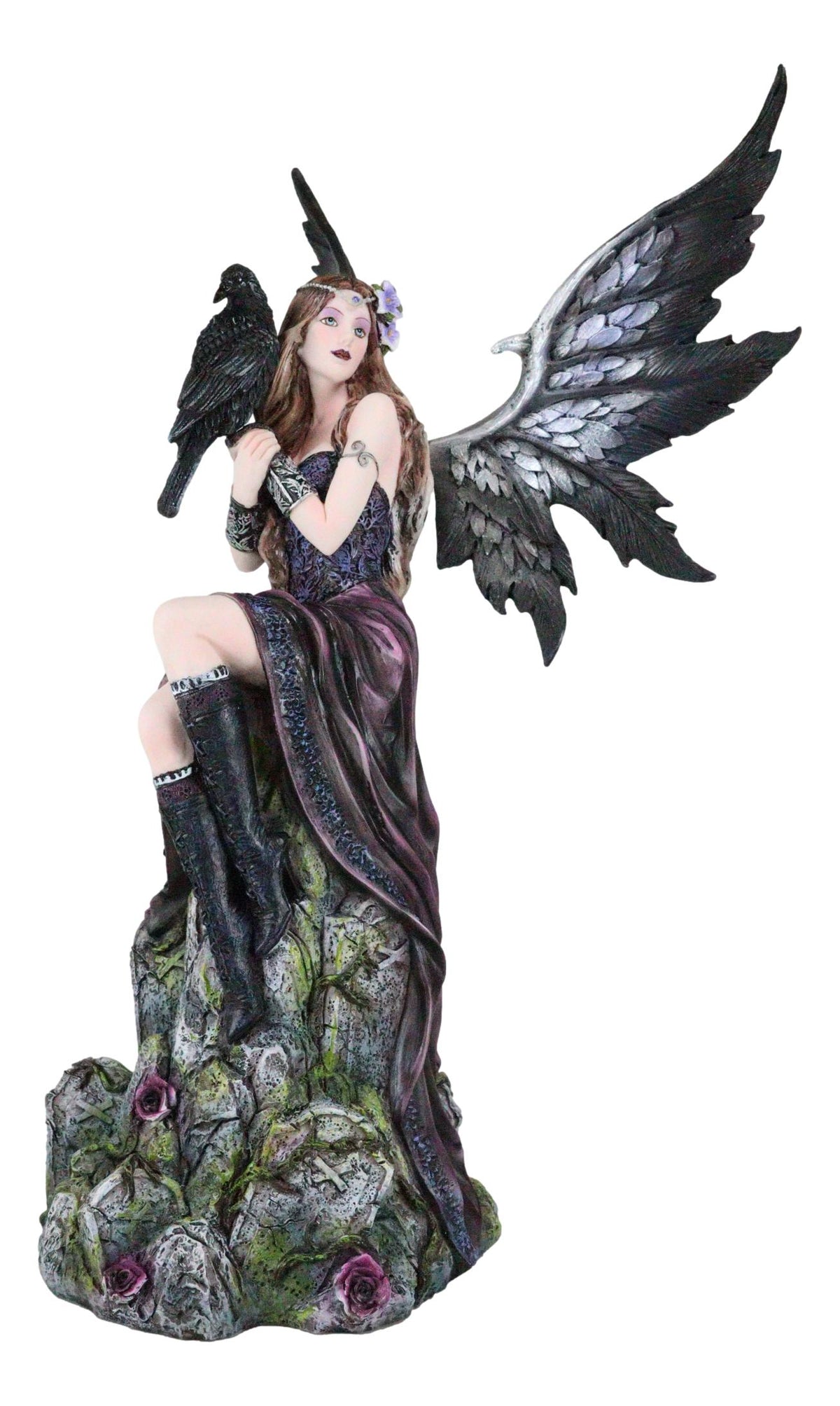 Necromancy Gothic Black Fairy With Raven Crow Sitting On Rock Figurine 15.25"H